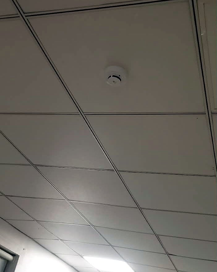 Smoke detector set into the false ceiling of a hospital corridor