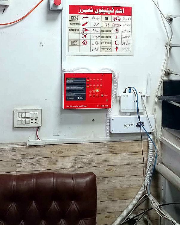 Global conventional fire alarm control panel installed in the hospital's security room