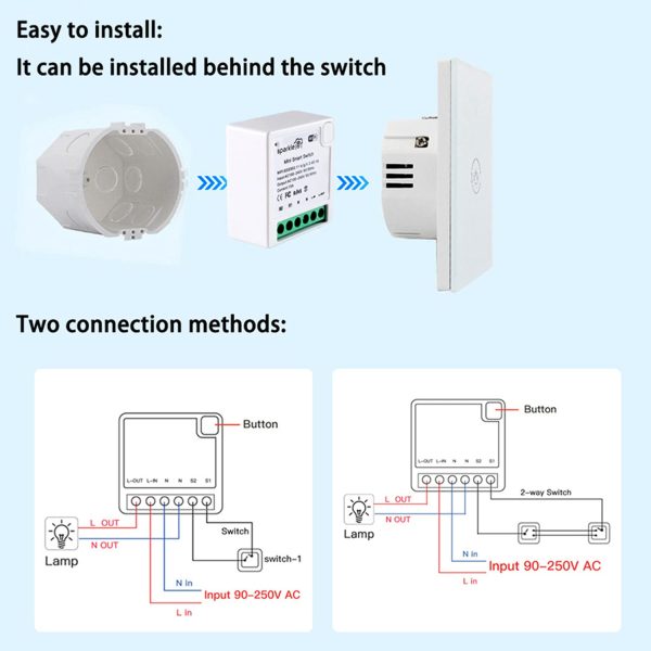 Tuya Mini WiFi Smart Switch Relay Module with Timing Function 16A 2-Way DIY Smart Light Switch for Smart Home, Compatible with Alexa Google Home Smart Life APP, Only Support 2.4G WiFi