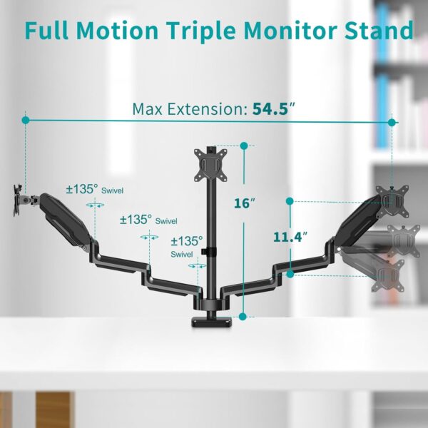 Triple Monitor Gas Spring Arms 13" to 27" Screen Sizes - Image 2