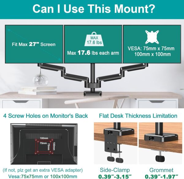 Triple Monitor Gas Spring Arms 13" to 27" Screen Sizes - Image 7