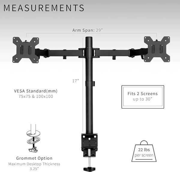 Dual Monitor Desk Mount, Holds 2 Computer Screens up to 28 inches and Max 22lbs Each, Black Imported - Image 4