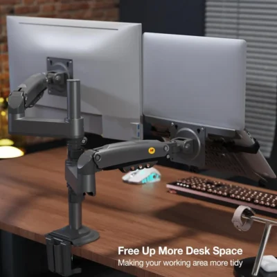 ENRG NB North Bayou H180 Dual Arm 2-in-1 Laptop & Monitor Desk Mount – Adjustable Tray for 10–17” Laptops and Gas Spring Full Motion Arm for 17–32” LCD Monitors